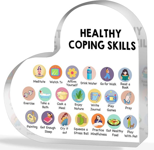 Therapy Office Decor, Mental Health Healthy Coping Anxiety Skills Decorations for Classroom School Counseling Therapist Social Worker Educational Acrylic Heart Art Decor