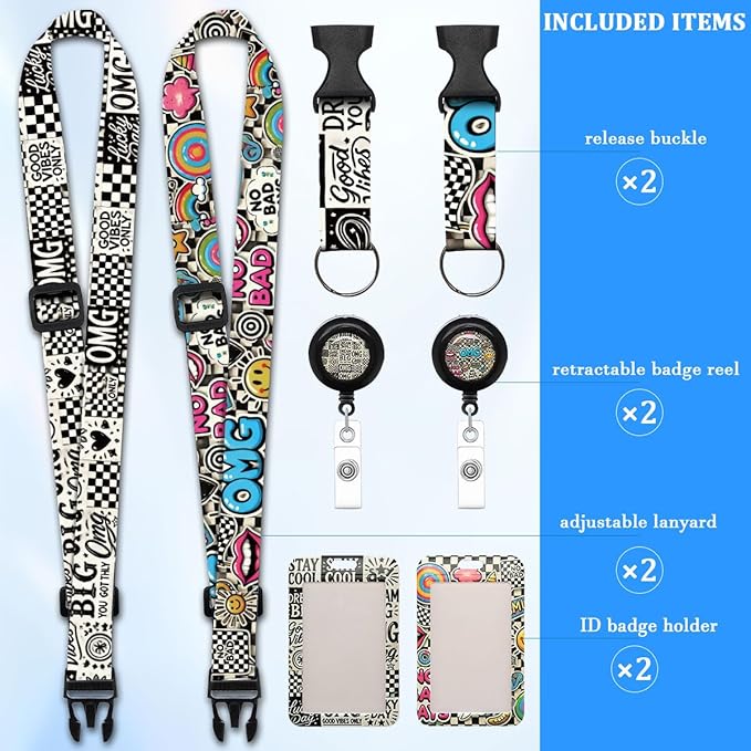 2 Pack Retro Lanyards Badge Holder, Adjustable Lanyard with Retractable Badge Reel, Cool ID Badge Holder for Teens, Teachers, Nurses, Students, Office Staff & Cruise Essentials