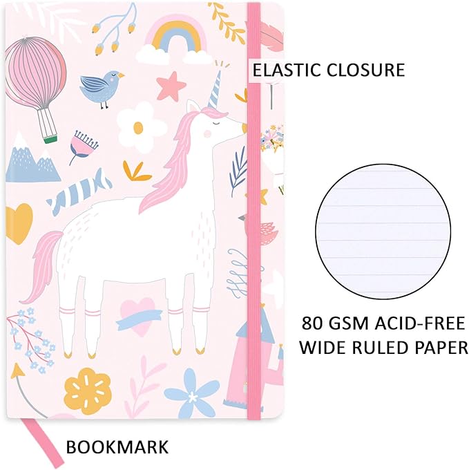 RICCO BELLO Wide Ruled Hardcover Diary Journal School Notebook for Kids, Tweens - Bookmark, Band Closure, Storage Pocket, 5.7 x 8.4 Inches, 192 Pages, (Pink Unicorn)