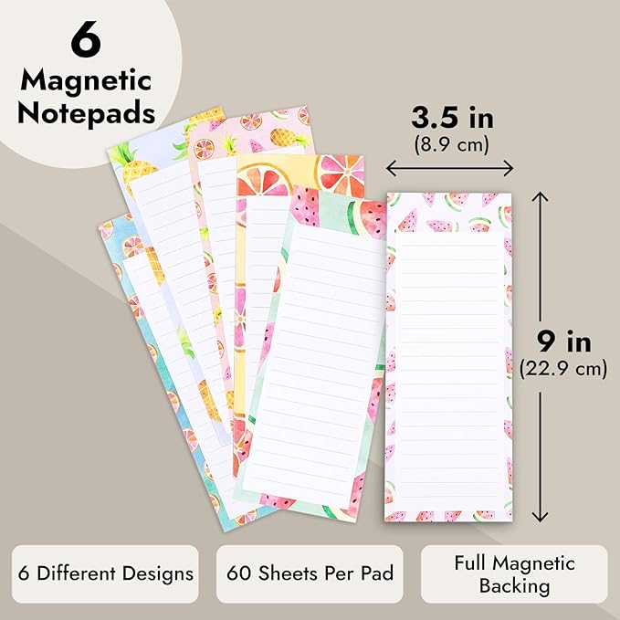 Juvale 6-Pack Magnetic Grocery List Pad for Fridge- Cute Shopping List Paper Note Pads for Refrigerator, To-Do Memos (6 Fruit Designs, 60 Sheets Each)