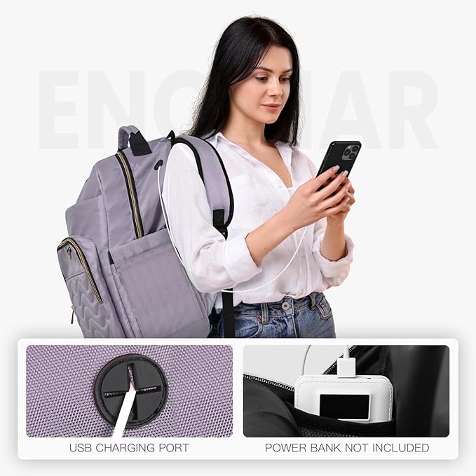 Travel Laptop Backpack for women, Work Backpack Woman with USB Charging Port, Water Resistant College Backpack, Stylish Quilted Girls Backpack Casual Daypack for 15.6 Inch Laptop, Purple