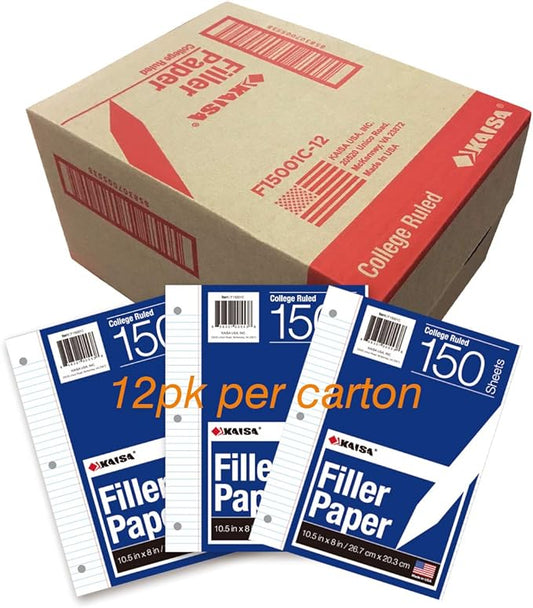 Kaisa Filler Paper Notebook Paper, College Ruled 8"x10.5" Loose Leaf Paper for 3-Ring Binders, 150 Sheet/pack,12pack (Total 1800 Sheets)