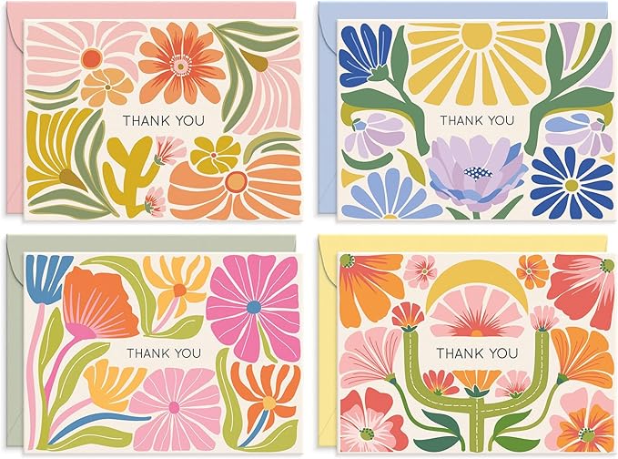S&O Thank You Cards with Envelopes - Blank Stylish papers for Handwritten Messages -Set of 24 decor sheets and Envelopes - Assorted cute Cards with Stylish Color covers to Mix & Match