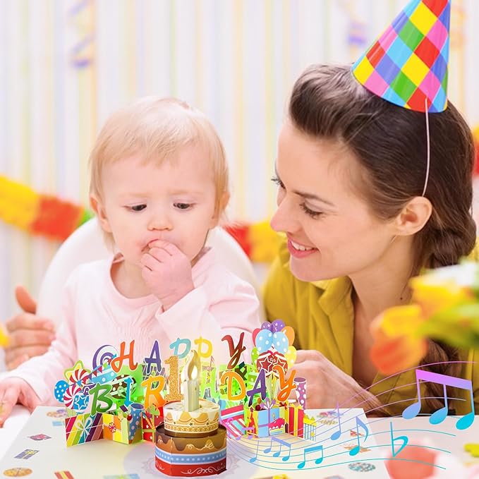 Gumry 1ST Musical Birthday PopUp Card, Blowable Colorful Light Candle 3D Cards with Song, Applause Cheers Sound, Greeting Cards Birthday Gifts Decorations for Daughter Son Turning 1 Years Old