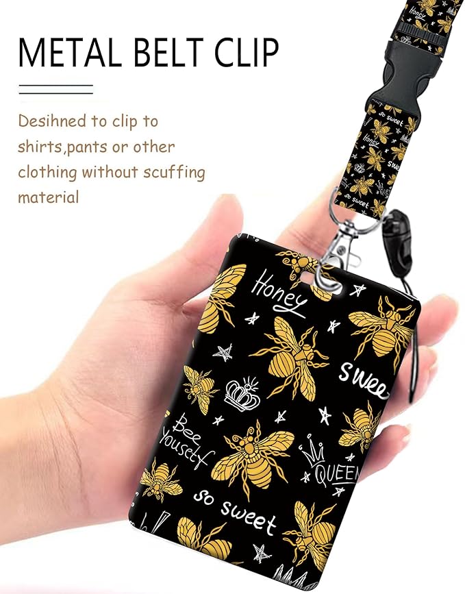 ID Badge Holder with Retractable Lanyard and Keychain, Badge Reel with Rotate Carabiner Clip,Honey Bee Card Name Tag Lanyard ID Protector Bage Clips for Student, Women, Office