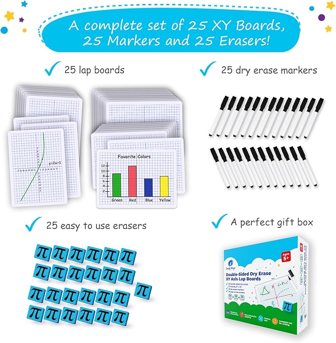 25 Pack Double-Sided Dry Erase Graph Lap Boards - 12''x9'', Class Set of Individual Classroom Whiteboards for Students, XY Axis Graphing Lap Board, Math Teacher Supplies for Classroom - Simply Magic