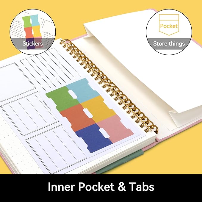 Alltree Spiral Dot Grid Notebook Journal, Dotted Paper Notebook for Work, Hardcover Spiral Notebook with Pen Loop, Pocket, Stickers, 160 Pages, Journal for Women & Men, Pink(6"x8.5")