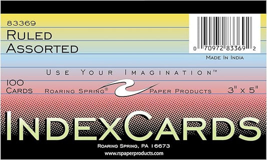 Roaring Spring Colored Index Cards 3"x5", 100 Count, Smooth 100# Index Paper, Ruled on Front, Blank on Back, 3 Colors (Pack of 1)