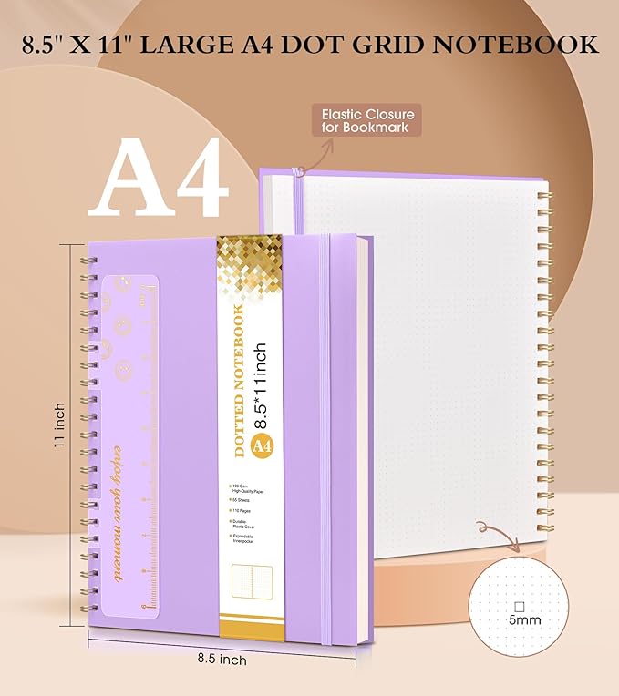 Dotted Notebook, Spiral Notebook Journal 8.5” x 11”, A4 Large Dot Grid Notebooks for Women Men, 100 GSM Dotted Paper, Plastic Hardcover Spiral Bullet Dotted Journals for Work School Sketching, Purple