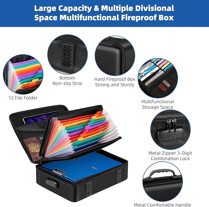 Fireproof Document Organizer Box, Fire Box Safe for Home Documents with Lock, Firesafe Waterproof Safe Box for Important Certificates Documents
