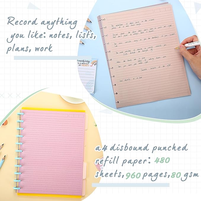 PerKoop 12 Pack 480 Sheets Colored Discbound Refill Paper 8.5 x 11 Inch College Ruled 11 Disc Letter Size Lined Paper Multicolored Refill Notebooks Disc Paper for Refill Paper Journaling (Poi Color)