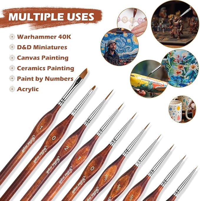 Golden Maple Miniature Model Paint Brushes-10pcs Micro Detail Paint Brush Set,Small Fine Detail Brushes for Acrylic, Oil, Watercolor & Paint by Number, Citadel, Figurine, 40k