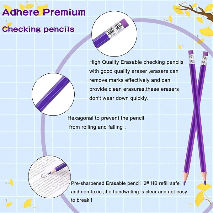 Adhere 25pcs Checking Pencils Erasable colored Pencils Pre-Sharpened #2 HB,for Checking Tests Grading Map Coloring,school Correcting,editing Office Favors,including a Free sharpener.(Purple)