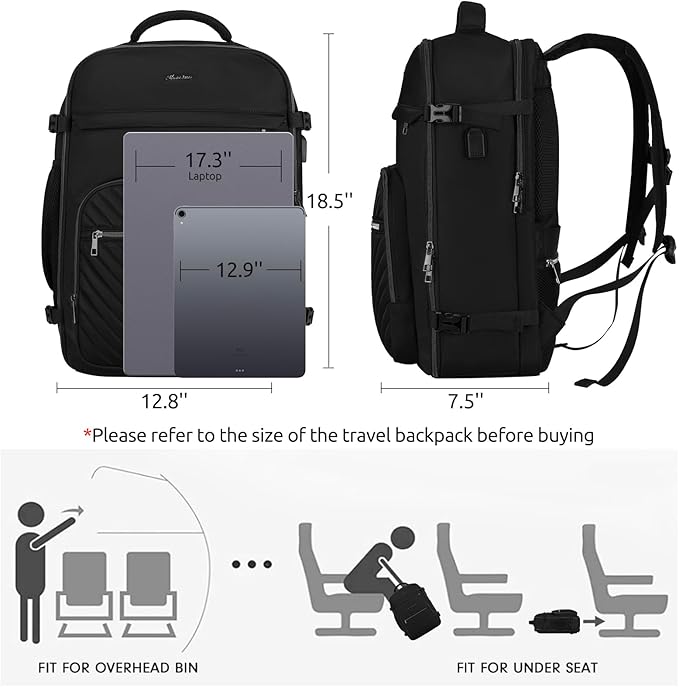 Travel Backpack for Women, Carry On Backpack for Airplanes Flight Approved, Waterproof Large Weekender Overnight Bag Fit 17 Inch Laptop, Black