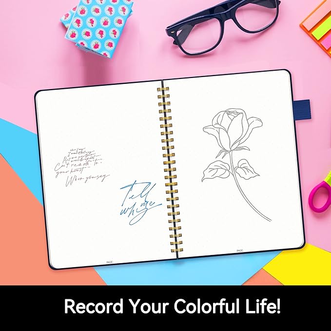 Alltree Spiral Dot Grid Notebook Journal, Dotted Paper Notebook for Work, Hardcoer Spiral Notebook with Pen Loop, Pocket, Stickers, 160 Pages, Journal for Women & Men, Navy Blue(6"x8.5")