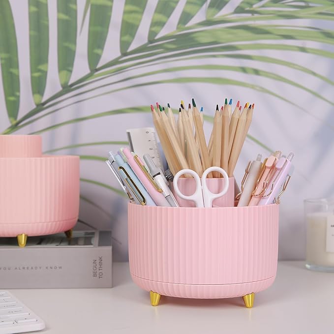 SKYDUE 360 Degree Rotating Desk Organizer, Dual-Purpose Pencil Pen Holder for Desk, Cute Rotating Desk Pen Organizer with 5 Slots, Pencil Cup for Office, School, Home Pink