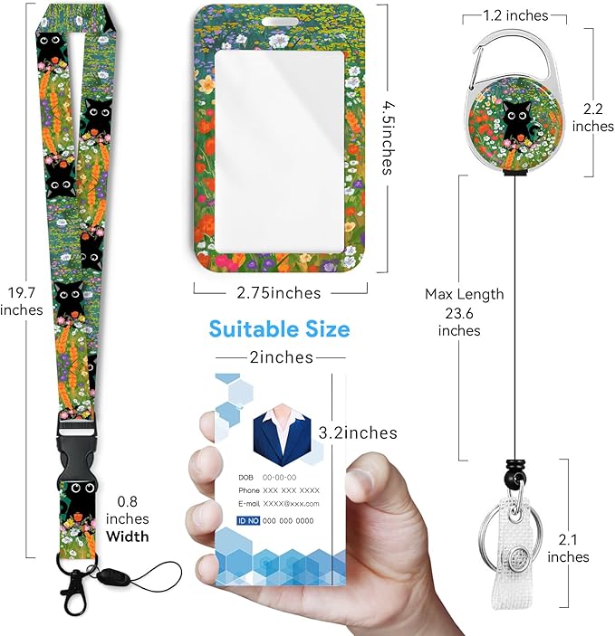 Cute Cat Hidden in The Flowers Badge Holder with Retractable Reel and Breakaway Lanyard，Badge Clips Retractable Heavy Duty Badge Reel，ID Holder with Breakaway Lanyard for School Nurse Office Teen ﻿3