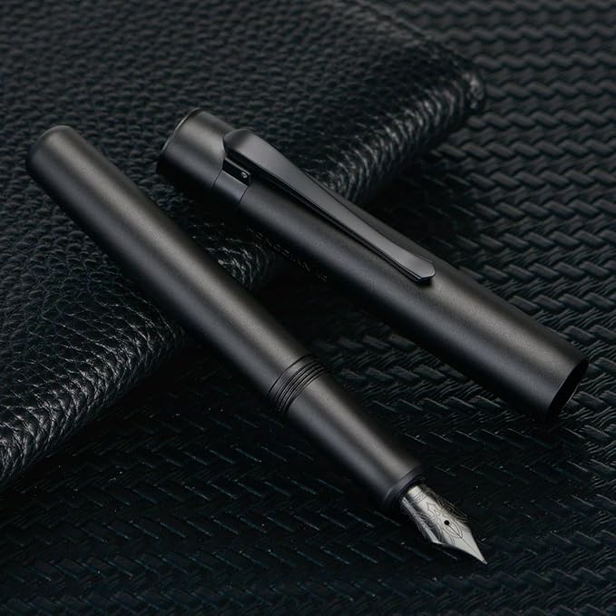Hongdian M2 Mini Fountain Pen with Extra Fine Soft Nib, Sleek Shape Aluminium Short Pocket Travel Pen (Matte Black)