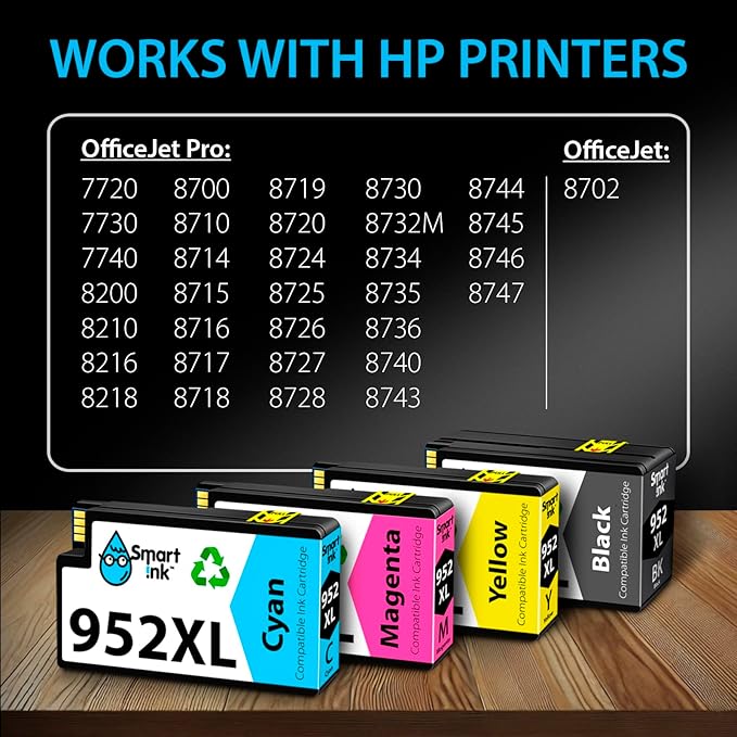 Smart Ink Compatible Ink Cartridges Replacement for HP 952XL 952 XL 4 Combo Pack (Black, Cyan/Magenta/Yellow) to use with HP OfficeJet Pro 8710 7740 8720 8715 8210 8703 OfficeJet 8702 Printers