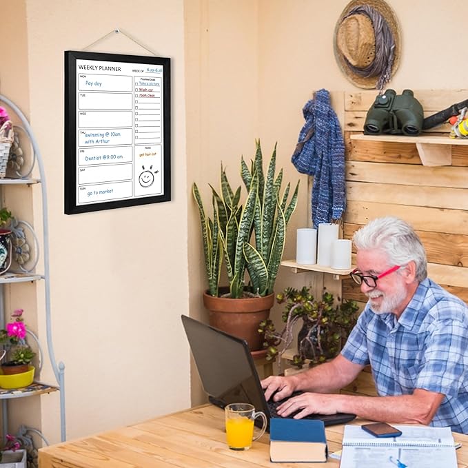 Dry Erase White Board Weekly Calendar Board, Magnetic Whiteboard for Wall,13“x17 Solid Wood Black Framed Message Board, Planner Board for Office, Home, School（Weekly-BB-BK-3343