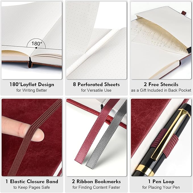 Bullet Dotted Journal, Large A4 Hardcover Leather Journal, 312 Numbered Pages Thick Journal, 100gsm No Bleed Paper Dot Grid Notebook for Women Men, 8.5'' × 11'', Burgundy