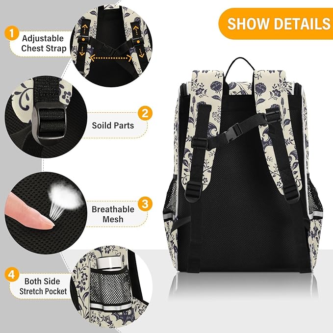 Goth Bat Flowers Backpack with Reflective Strip for Kids Boys Girls Elementary School Bag Removable Chest Strap