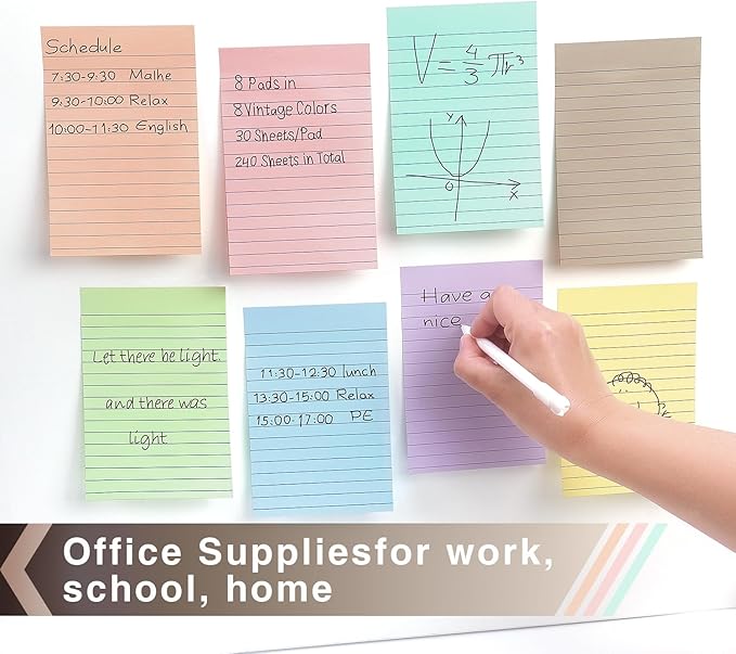 4x6 Inch Lined Sticky Notes, 8 Pack, Light Colors, Premium Self-Adhesive Notepads, Large Sticky Pads for Office, School & Home Use, Easy to Use, Reusable & Removable