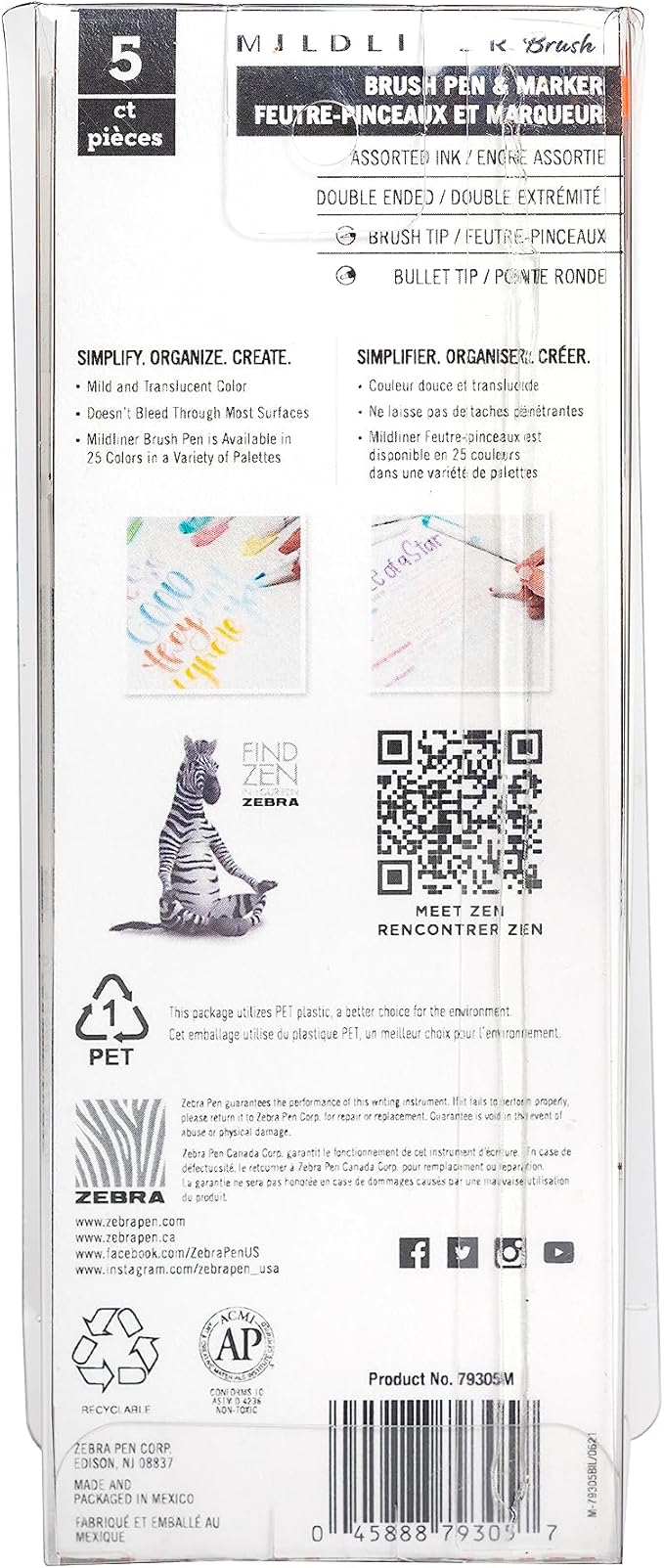 Zebra Pen Mildliner Brush Marker, Double Ended Brush and Fine Tip Pen, Assorted Warm Colors, 5 Pack