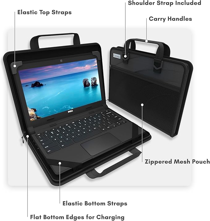 13-14 Inch Protective Always-on Chromebook Hard Case with Accessory Pouch and Adjustable Shoulder Strap