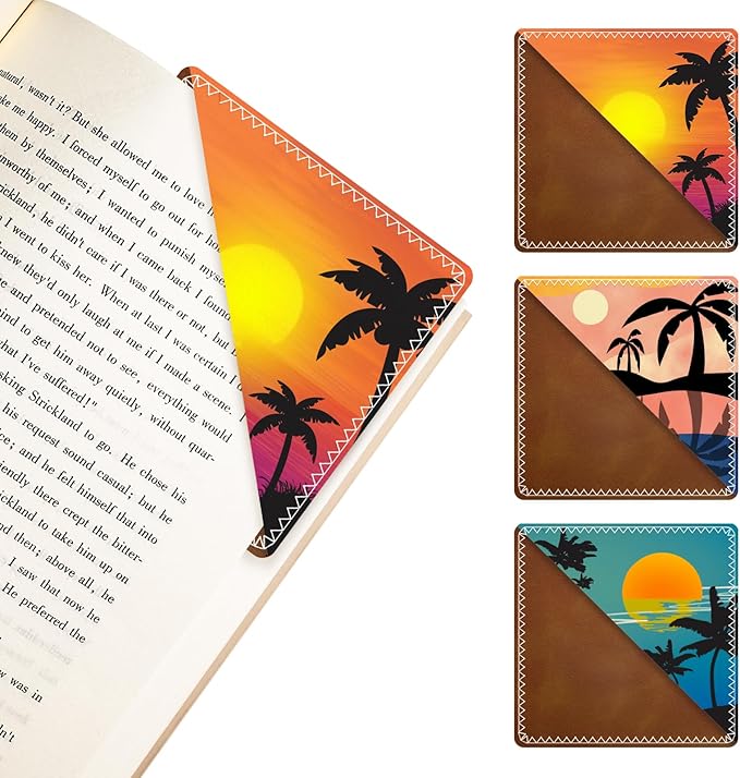 3 Pieces Leather Bookmarks, Personalized & Cute Book Accessories for Reading Lovers, Page Markers for Women Men Girls Boys Student Teacher Kids Retirement Birthday Gifts (Sunset, Coconut Trees)