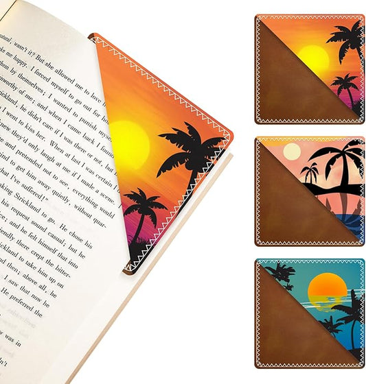 3 Pieces Leather Bookmarks, Personalized & Cute Book Accessories for Reading Lovers, Page Markers for Women Men Girls Boys Student Teacher Kids Retirement Birthday Gifts (Sunset, Coconut Trees)