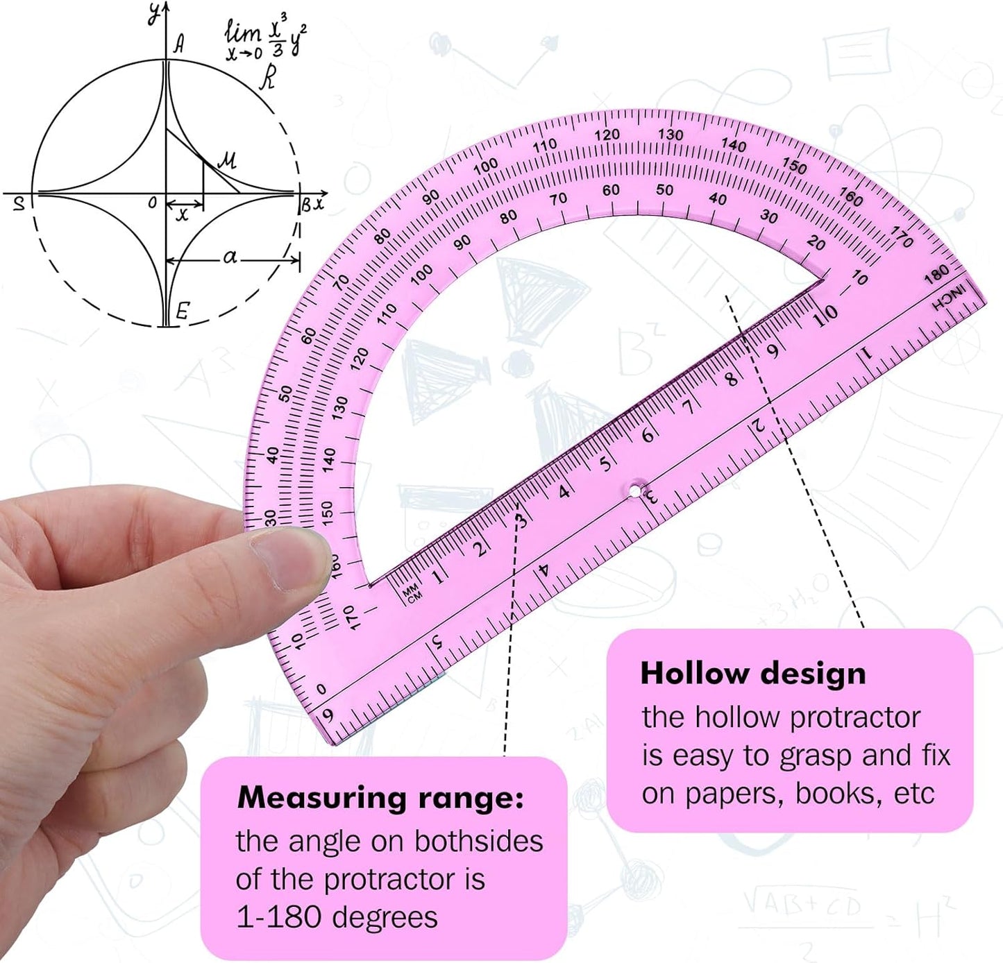 Zonon 2 Pcs 6 Inch Plastic Protractor Math Protractors 180 Degrees Angle Measurement, Translucent for Geometry Classroom Kid Student School Office Supplies(Pink)