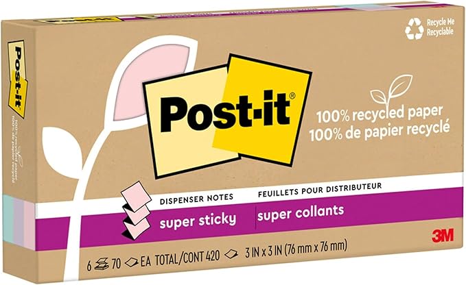 Post-it Super Sticky 100% Recycled Pop-up Notes, 3 in. x 3 in., 70 Sheets, 6 Pads, Wanderlust Collection, School Supplies and Office Products