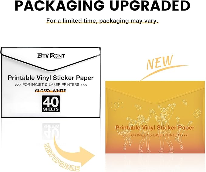HTVRONT Printable Vinyl for Inkjet Printer & Laser Printer - 40 Pcs Glossy White Inkjet Printable Vinyl Sticker Paper, 8.5"x11" (140 g)