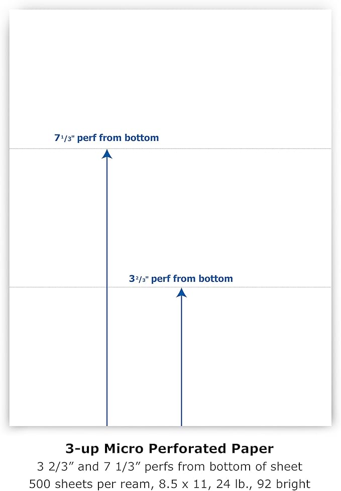 PrintWorks Professional Perforated Paper for Statements, Invoices, Gift Certificates, Coupons and More, 8.5 x 11, 24 lb, 2 Horizontal Perfs 3 2/3" and 7 1/3" From Bottom, 500 Sheets, White (04122)