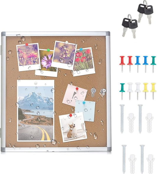 Outdoor Enclosed Cork Bulletin Board Tamper-Proof Dispaly Case, Aluminium Frame, Weatherproof Cork Noticeboard, Enclosed Cork Board for School, Office, Restaurant, Hospital etc（28 * 26inches）
