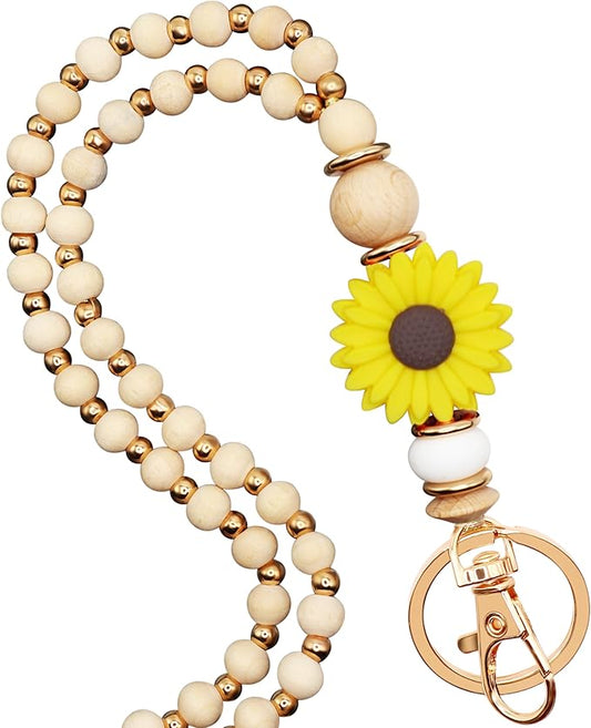 Wooden Teacher Lanyards for Id Badge Cute Flower Wood and Gold Beaded Lanyards for Women for Nurse Badge