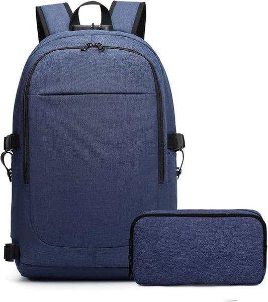 Varietyathletics 19" Laptop Backpack and Organizer Case Set USB Headset Port Anti-Theft Waterproof Travel Work College (Navy)