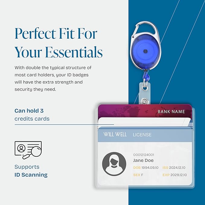 Will Well ID Badge Holders with Clip and Keyring - Horizontal Clear Plastic 3.7" x 2.5" Sleeves Fit Up to 3 Cards - Retractable 24" UHMWPE Fiber Pull Cords - 2-Pack, Transparent Blue Reels