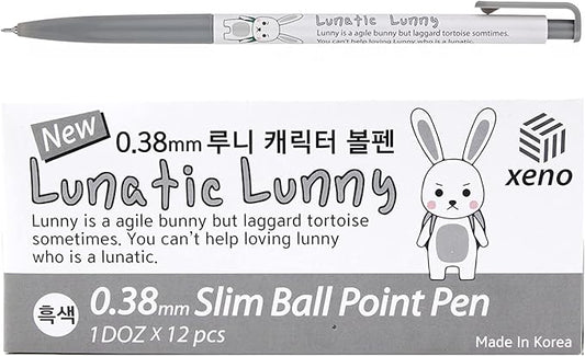ZEESOON Xeno Lunatic Lunny 0.38mm Slim Ball Point Pen Dozen Box 12 Pcs, Made in Korea (Black 12pcs)
