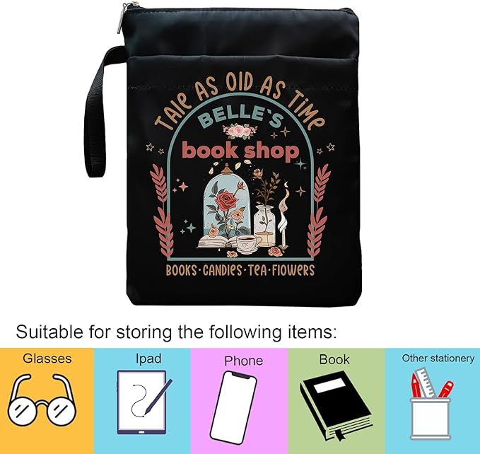 Tale As Old As Time Belle's Book Coffee Book Lover Book Sleeve, Book Covers with Zipper, Book Lovers, Book Pouch Kindle Protector, Gifts for Women Teacher Librarian Bookworm Bookish (Black-D, Large)