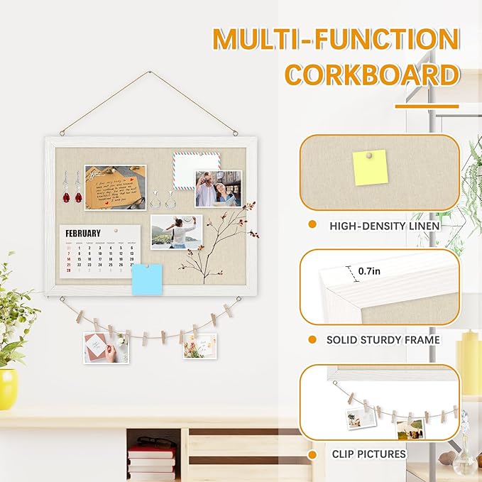 DOLLAR BOSS Bulletin Boards with Linen 1-Pack 16''X 12'' Double-Sided Cork Board for Walls Wood Framed Bulletin Boards, Small Pin Board for Home Kitchen Office Decorative Hanging 10 Pushpins