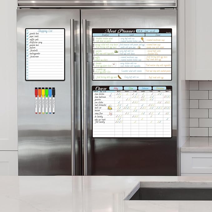 Magnetic Dry Erase Chore Chart and Menu Board - 8.5"x13" Chore Board and Meal Planner for Fridge - 6.5"x8.5" List Board and 6 Extra Fine Point Markers Included - Shipped Flat