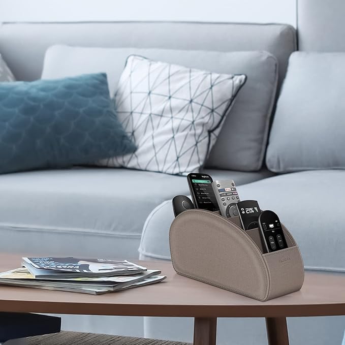 Remote Control Holder with 5 Compartments, KENOBEE Anti-slip Desktop Caddy Storage Organizer for Remote Controllers, Office Supplies, Makeup Brush, Media Accessories, Denim Coffee