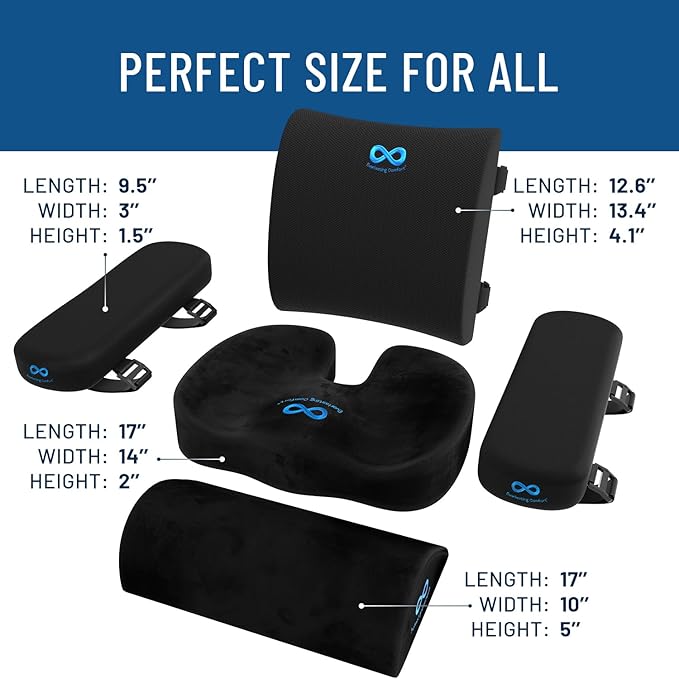 Everlasting Comfort Seat Cushion, Back Cushion, Foot Rest, Arm Rest Pads - Complete Office Setup - Memory Foam Chair Cushions for All-Day Comfort