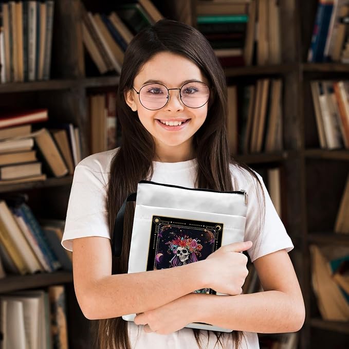 Book Sleeve, Book Sleeve with Zipper, Book Sleeve for Book Lovers, The Reader Tarot Card Book Sleeves, Book Pouch Kindle Protector, Gifts for Women Teacher Librarian Bookworm Bookish (White-A, Large)