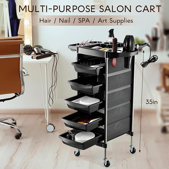 Salon Trolley Cart for Hair Stylist, Beauty Rolling Hair Salon Cart Rack with Worktop, Portable Salon Station with 5 Drawers, Professional Beautician’s Equipment Cart with Wheels for Salon/Spa/Tattoo