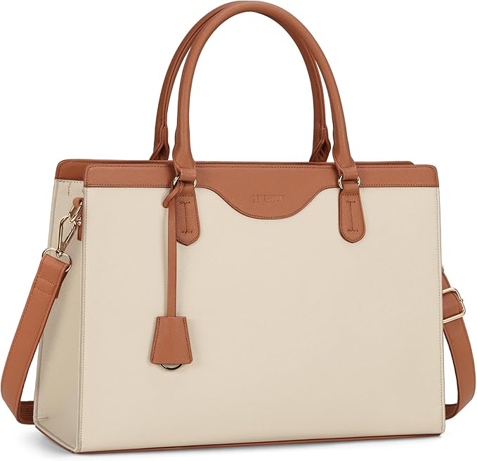RAINSMORE Laptop Bag for Women 15.6 Inch Waterproof Leather Computer Tote Bag Professional Business Office Work Bags Briefcase Large Capacity Lightweight Women Handbag Shoulder Bag, Beige and Brown