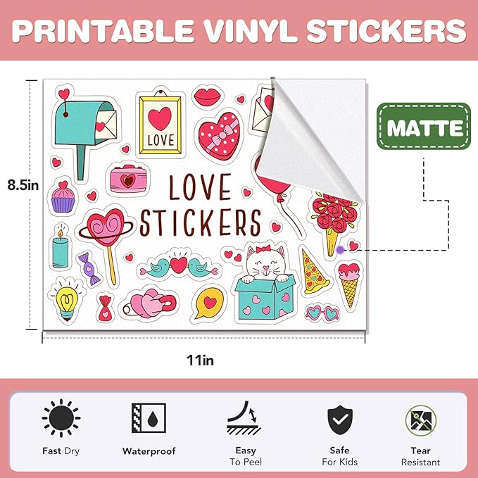 20 PCS Printable Vinyl Sticker Paper for Inkjet Printer & Laser Printer,Standard Letter Size 8.5"x11",Waterproof Sticker Paper Dries Quickly Vivid Colors,Matte White