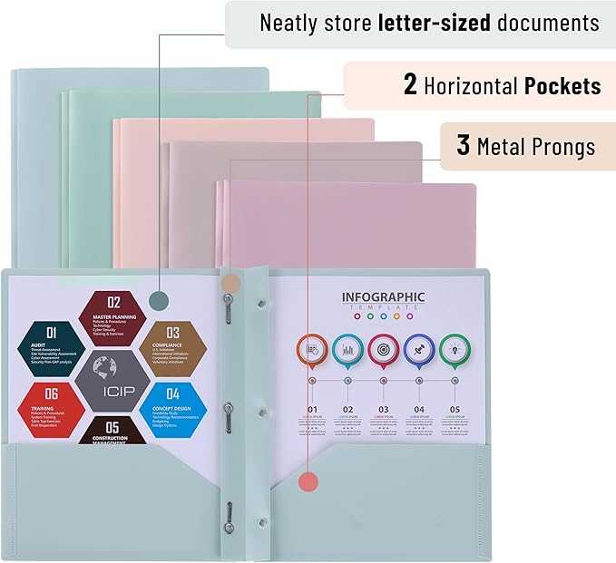 Mr. Pen- Plastic Folders with Pockets and Prong, 5 Pack, Muted Pastel Colors, Pocket Folders, File Fasteners, 2 Folder, Two